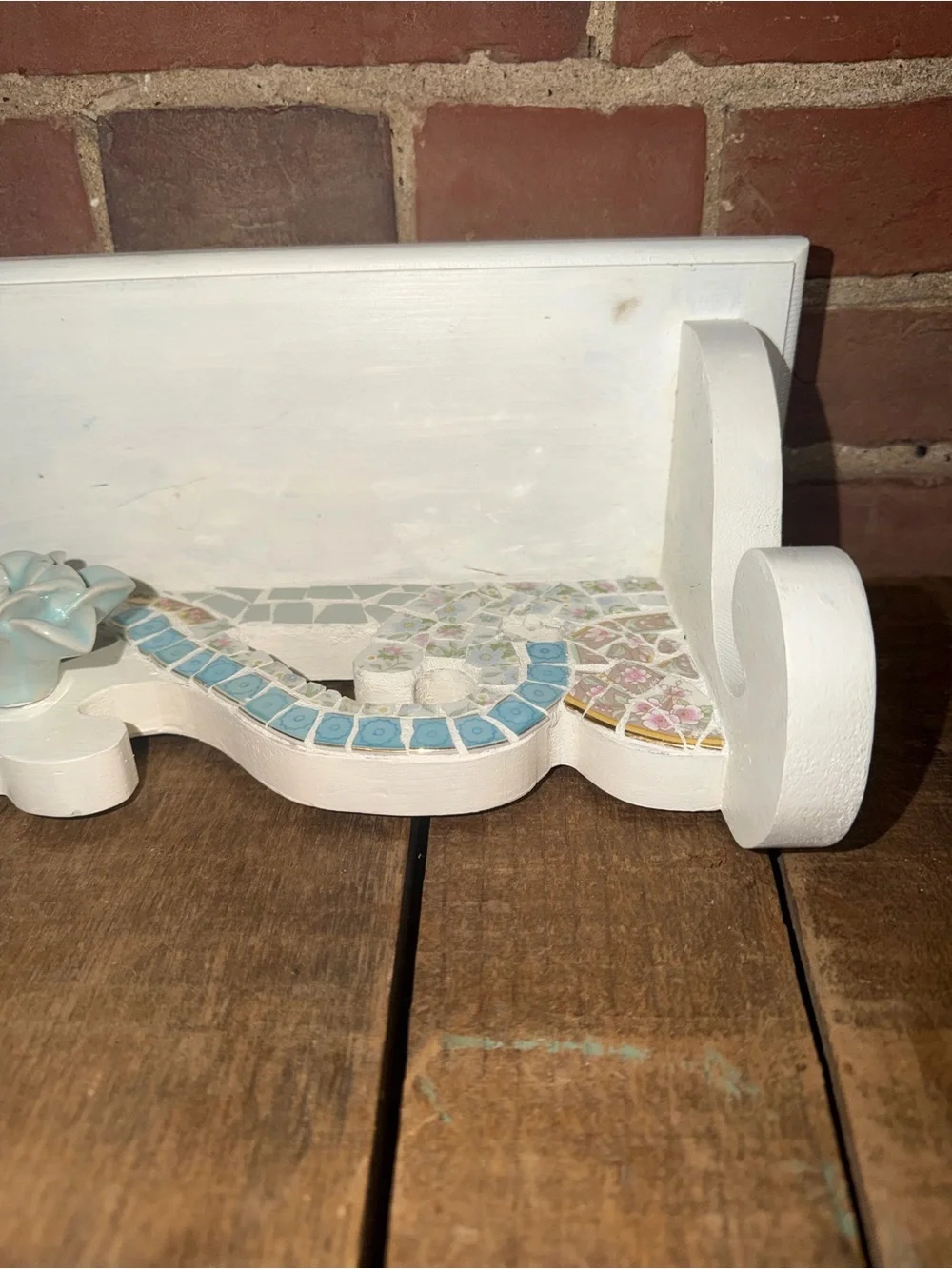 White Decorative Wall Shelf with Pastel Mosaic Accent Beach Coral Floral